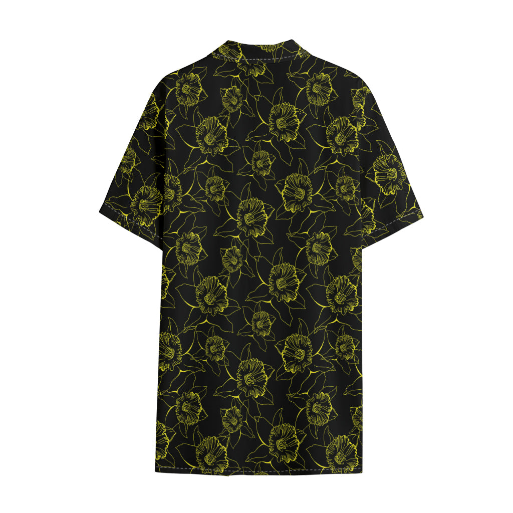 Black And Yellow Daffodil Pattern Print Cotton Hawaiian Shirt