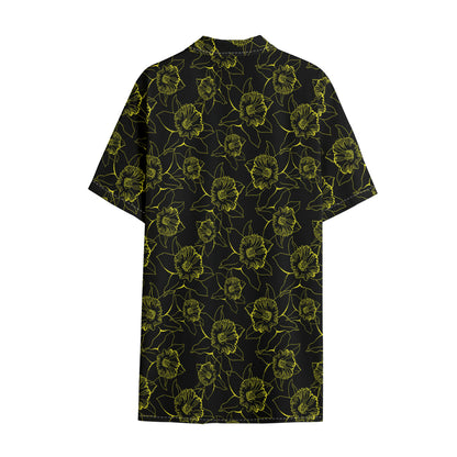 Black And Yellow Daffodil Pattern Print Cotton Hawaiian Shirt