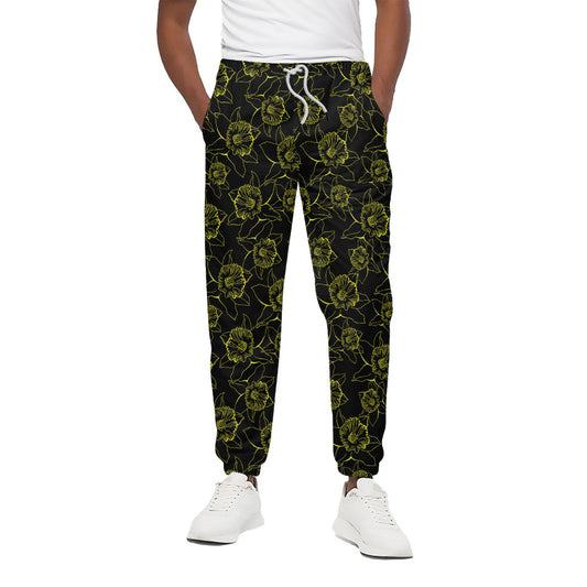 Black And Yellow Daffodil Pattern Print Cotton Pants