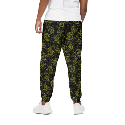 Black And Yellow Daffodil Pattern Print Cotton Pants