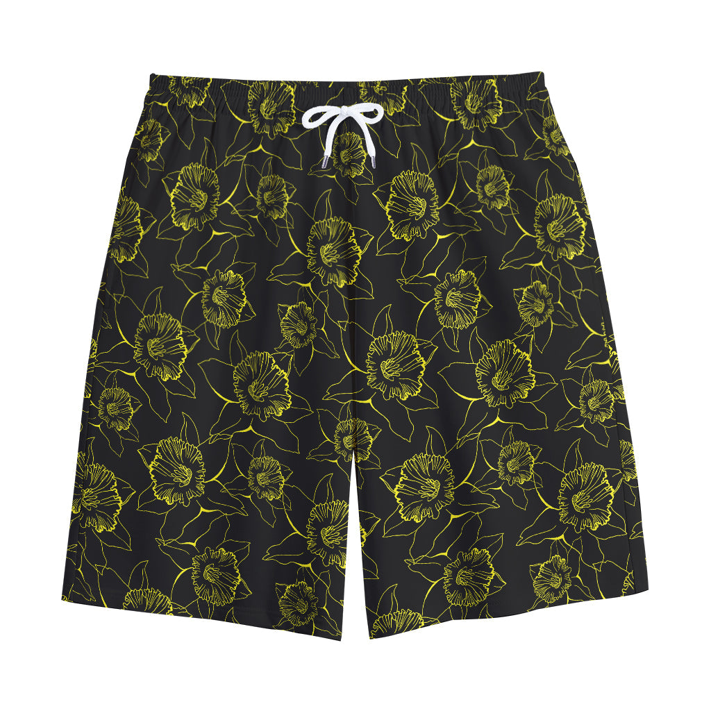 Black And Yellow Daffodil Pattern Print Cotton Shorts