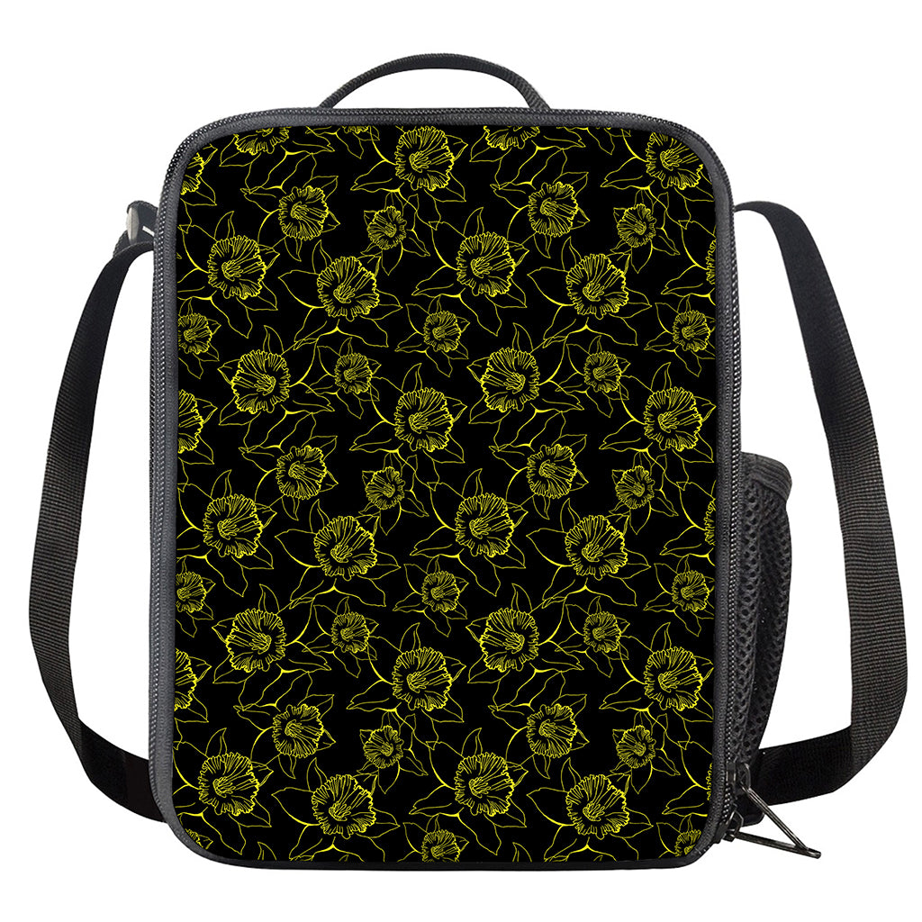 Black And Yellow Daffodil Pattern Print Crossbody Lunch Bag
