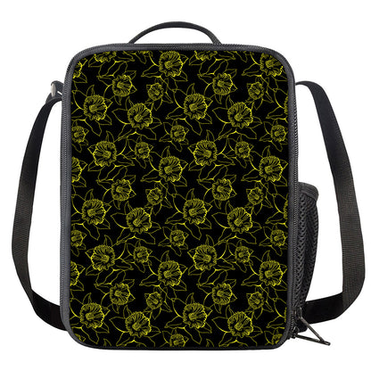 Black And Yellow Daffodil Pattern Print Crossbody Lunch Bag