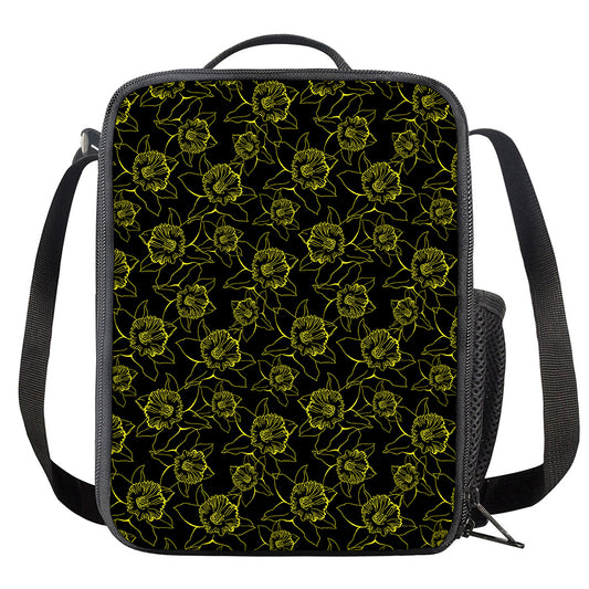 Black And Yellow Daffodil Pattern Print Crossbody Lunch Bag