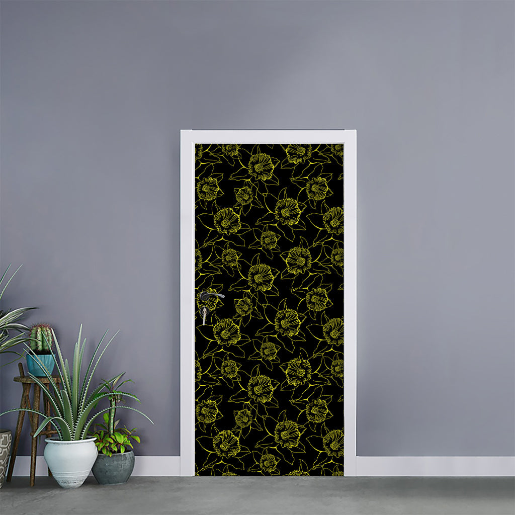 Black And Yellow Daffodil Pattern Print Door Sticker