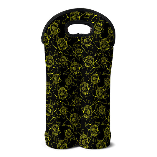 Black And Yellow Daffodil Pattern Print Double Neoprene Wine Tote