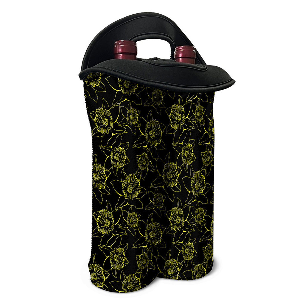 Black And Yellow Daffodil Pattern Print Double Neoprene Wine Tote