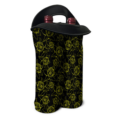 Black And Yellow Daffodil Pattern Print Double Neoprene Wine Tote