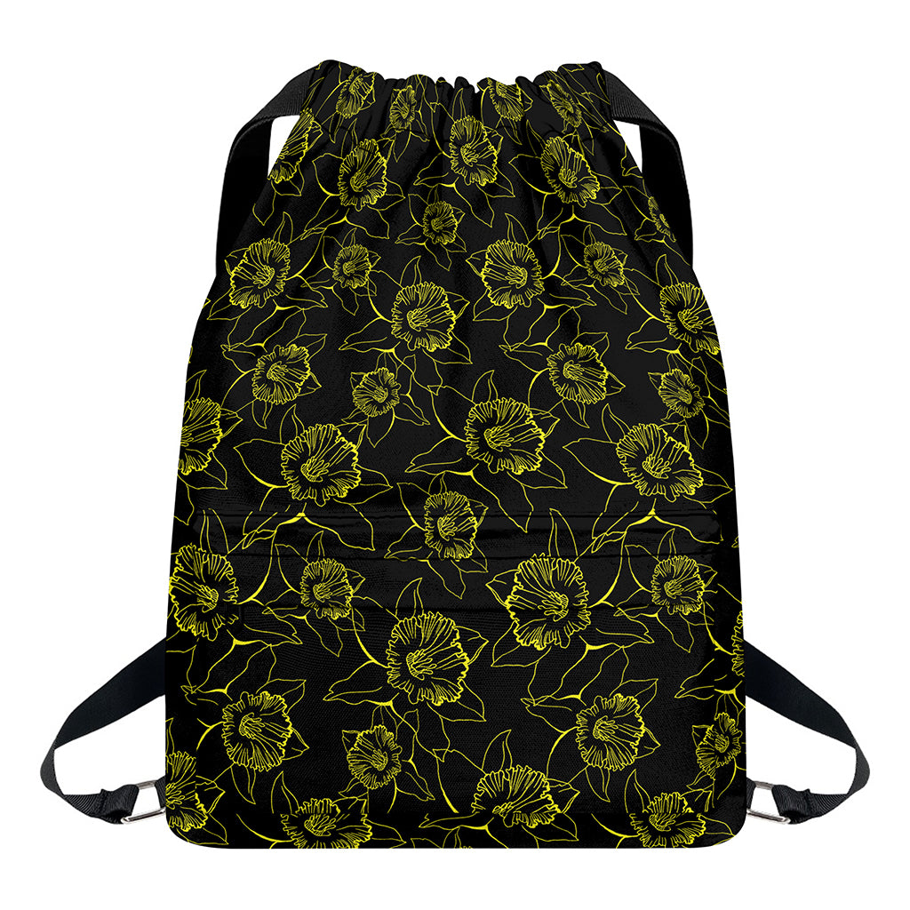 Black And Yellow Daffodil Pattern Print Drawstring Backpack