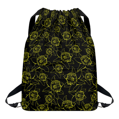 Black And Yellow Daffodil Pattern Print Drawstring Backpack