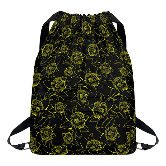Black And Yellow Daffodil Pattern Print Drawstring Backpack