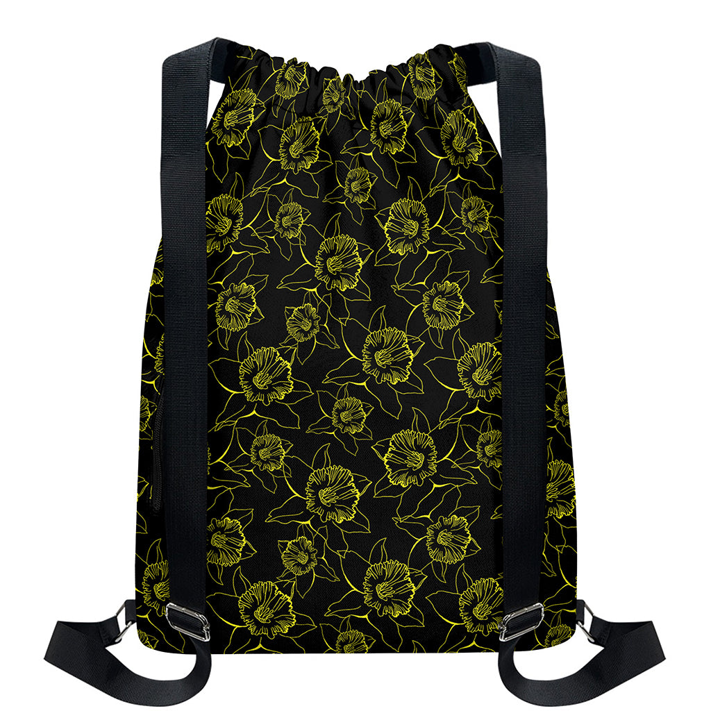 Black And Yellow Daffodil Pattern Print Drawstring Backpack