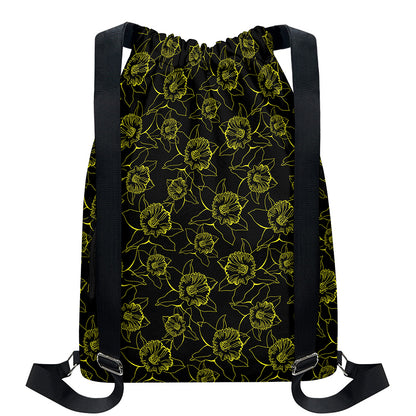 Black And Yellow Daffodil Pattern Print Drawstring Backpack