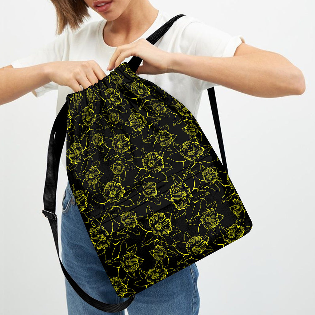 Black And Yellow Daffodil Pattern Print Drawstring Backpack