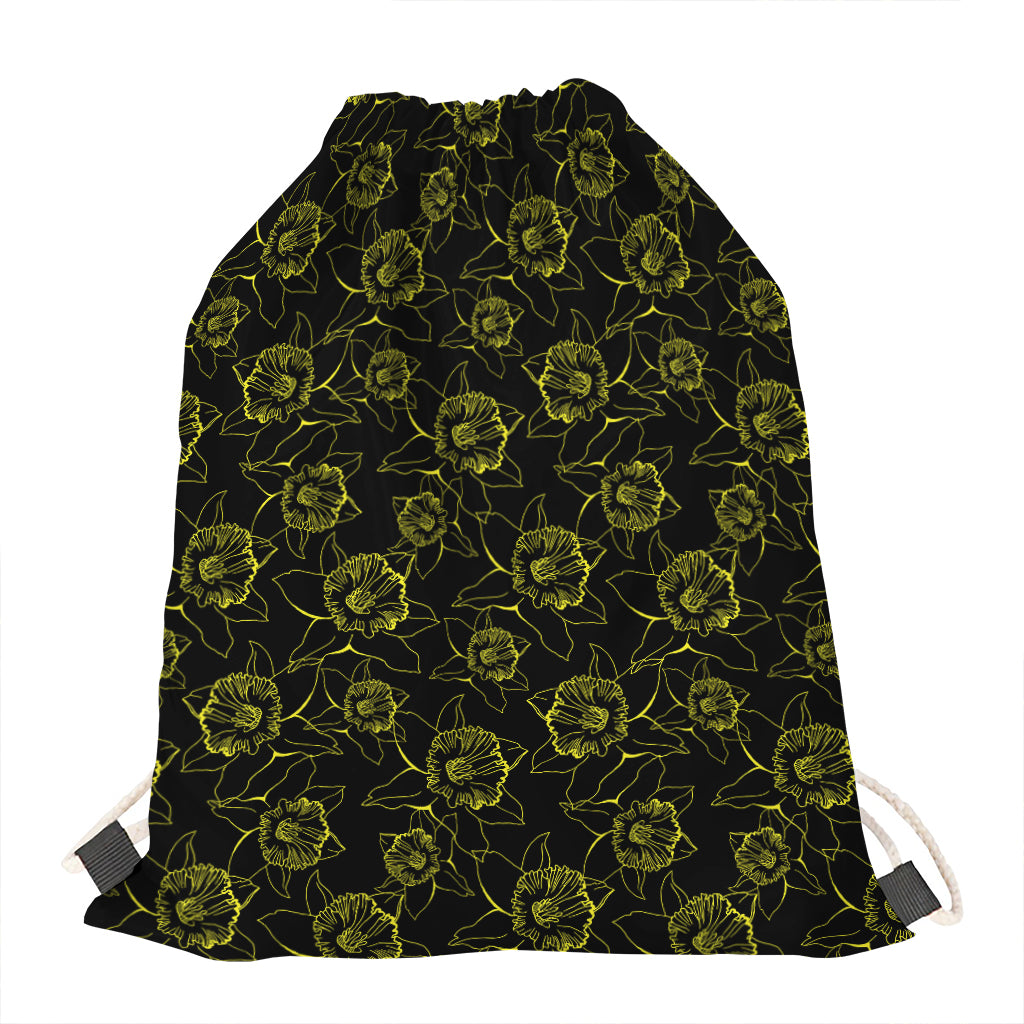 Black And Yellow Daffodil Pattern Print Drawstring Bag