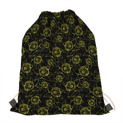Black And Yellow Daffodil Pattern Print Drawstring Bag