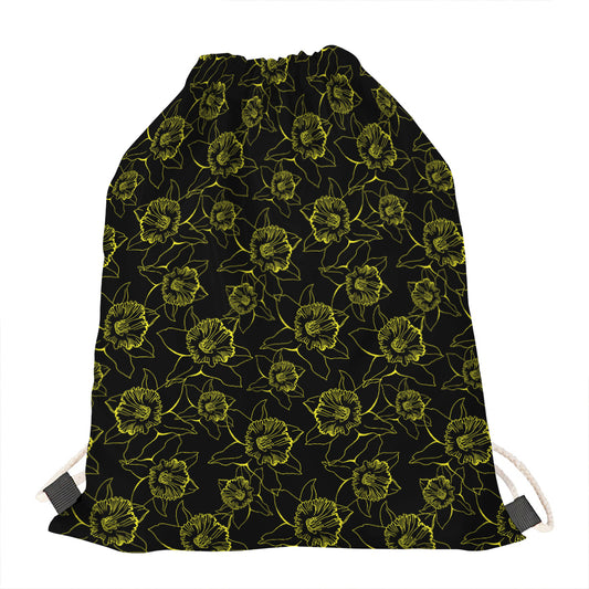 Black And Yellow Daffodil Pattern Print Drawstring Bag