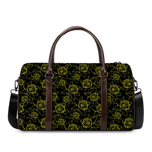 Black And Yellow Daffodil Pattern Print Duffle Bag
