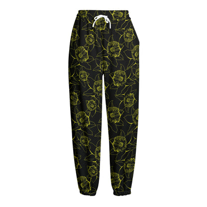 Black And Yellow Daffodil Pattern Print Fleece Lined Knit Pants