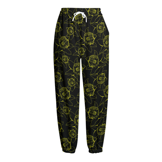 Black And Yellow Daffodil Pattern Print Fleece Lined Knit Pants