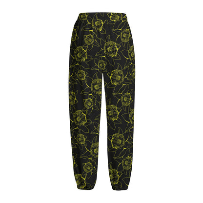 Black And Yellow Daffodil Pattern Print Fleece Lined Knit Pants