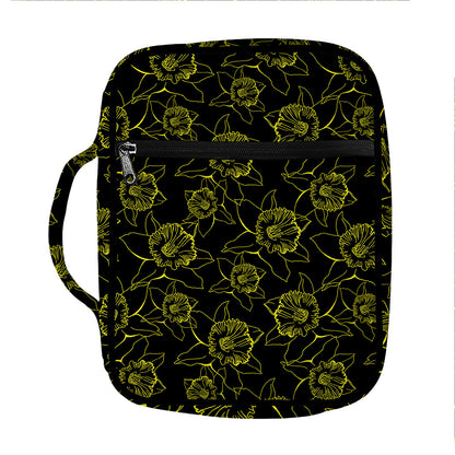 Black And Yellow Daffodil Pattern Print Front Pocket Bible Bag