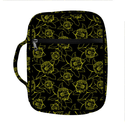 Black And Yellow Daffodil Pattern Print Front Pocket Bible Bag