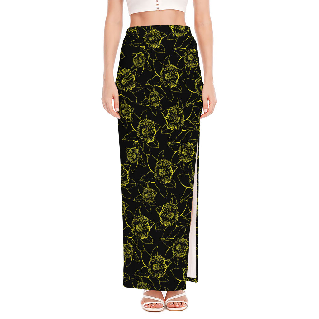 Black And Yellow Daffodil Pattern Print High Slit Maxi Skirt