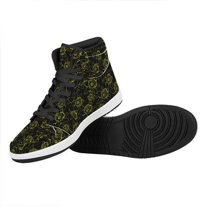 Black And Yellow Daffodil Pattern Print High Top Leather Sneakers