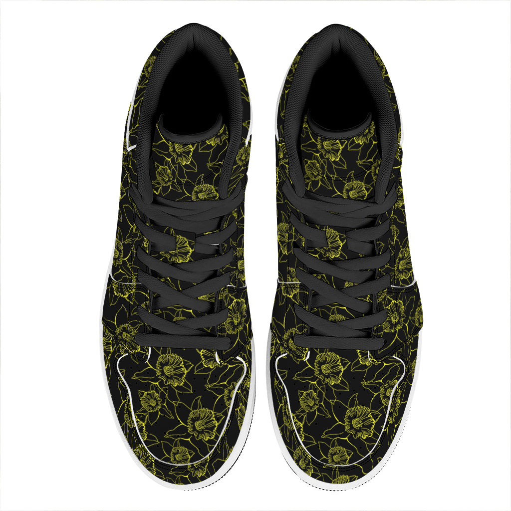 Black And Yellow Daffodil Pattern Print High Top Leather Sneakers