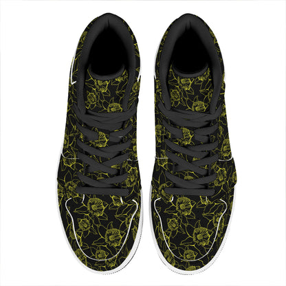 Black And Yellow Daffodil Pattern Print High Top Leather Sneakers