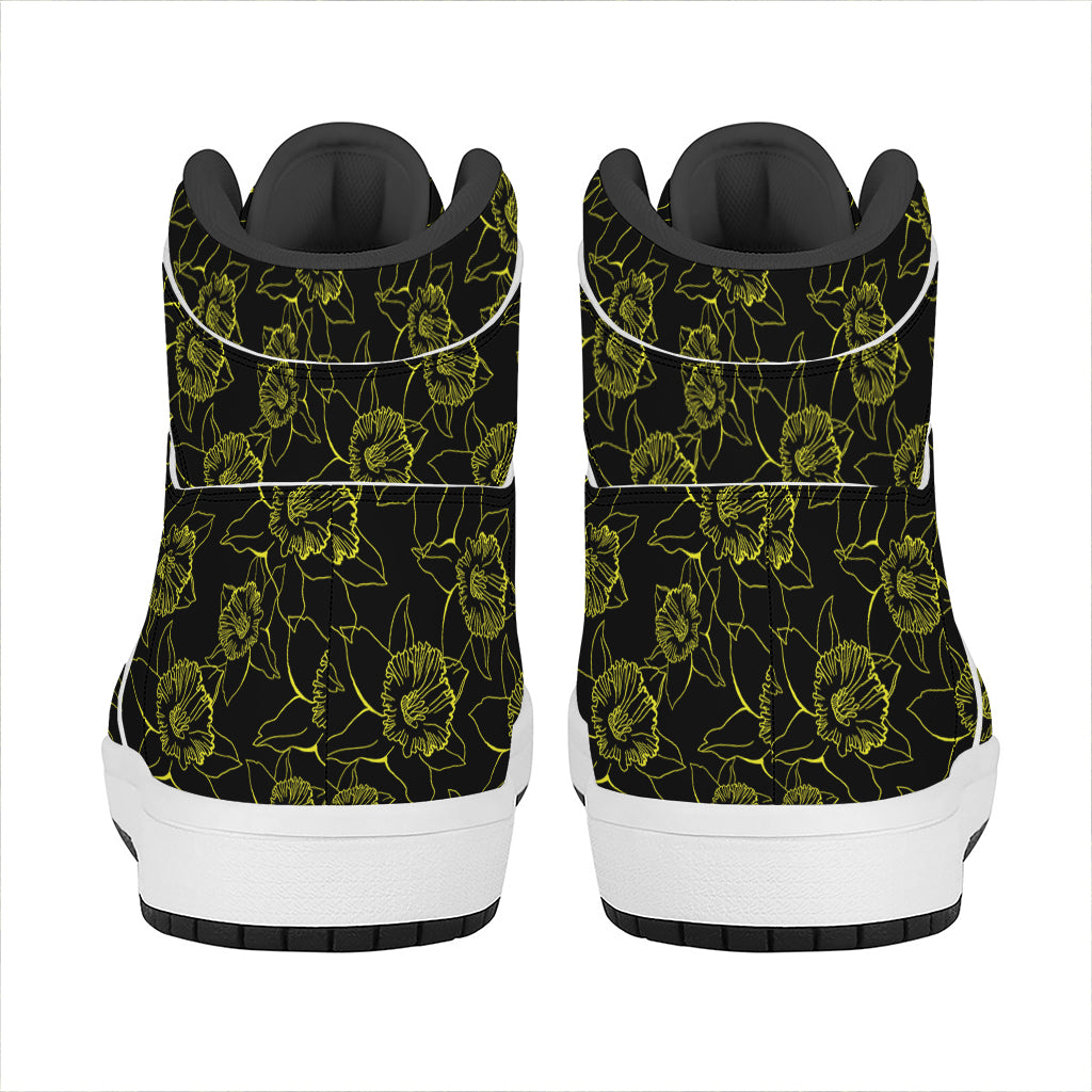 Black And Yellow Daffodil Pattern Print High Top Leather Sneakers