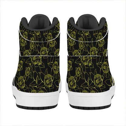 Black And Yellow Daffodil Pattern Print High Top Leather Sneakers