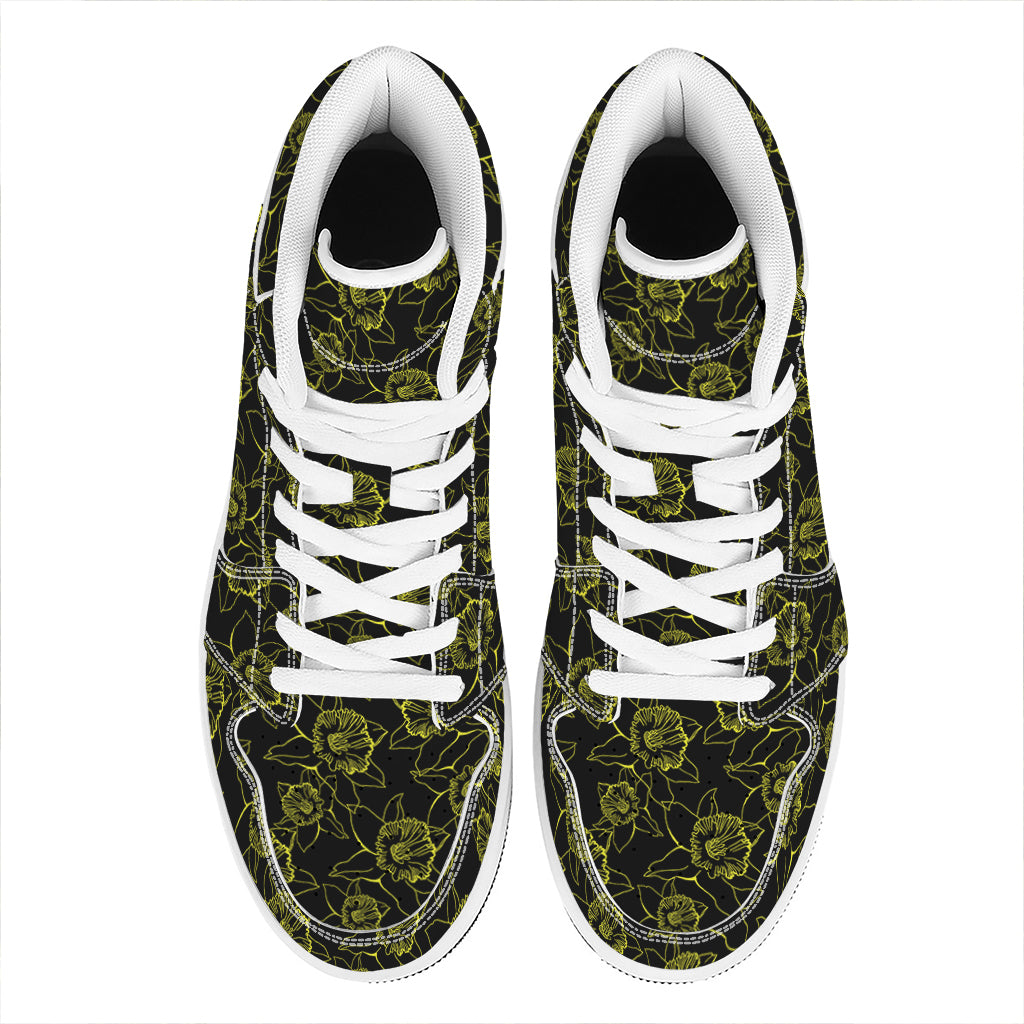 Black And Yellow Daffodil Pattern Print High Top Leather Sneakers