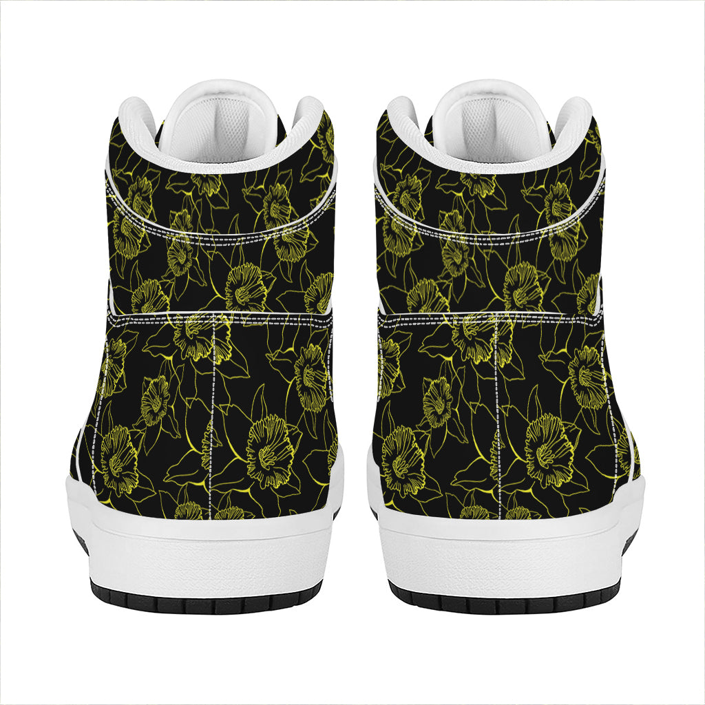 Black And Yellow Daffodil Pattern Print High Top Leather Sneakers