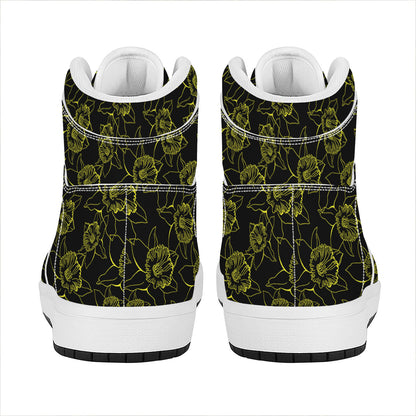 Black And Yellow Daffodil Pattern Print High Top Leather Sneakers