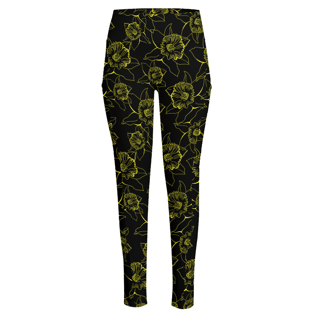 Black And Yellow Daffodil Pattern Print High-Waisted Pocket Leggings