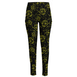 Black And Yellow Daffodil Pattern Print High-Waisted Pocket Leggings