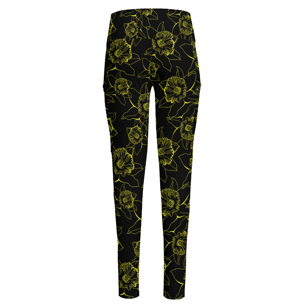 Black And Yellow Daffodil Pattern Print High-Waisted Pocket Leggings