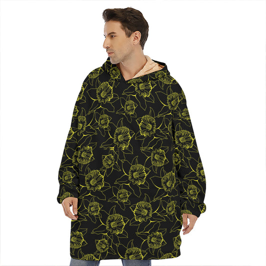 Black And Yellow Daffodil Pattern Print Hoodie Blanket