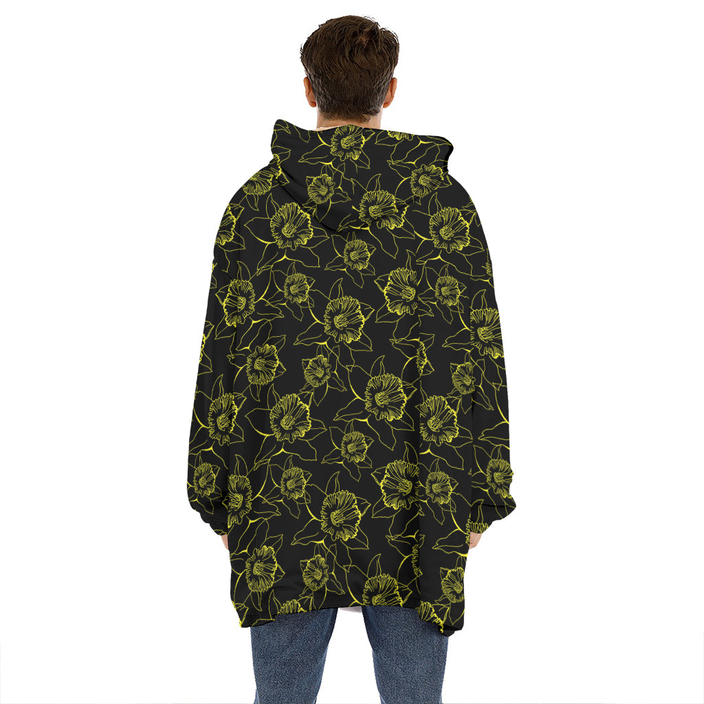 Black And Yellow Daffodil Pattern Print Hoodie Blanket