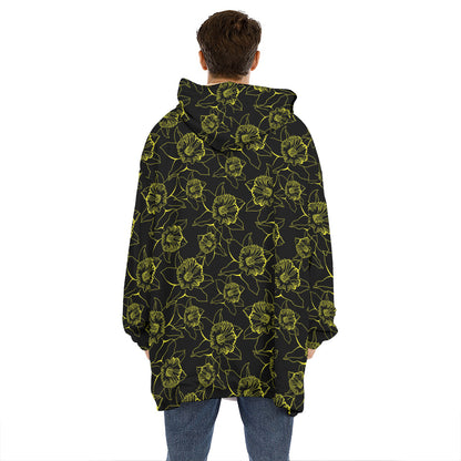 Black And Yellow Daffodil Pattern Print Hoodie Blanket