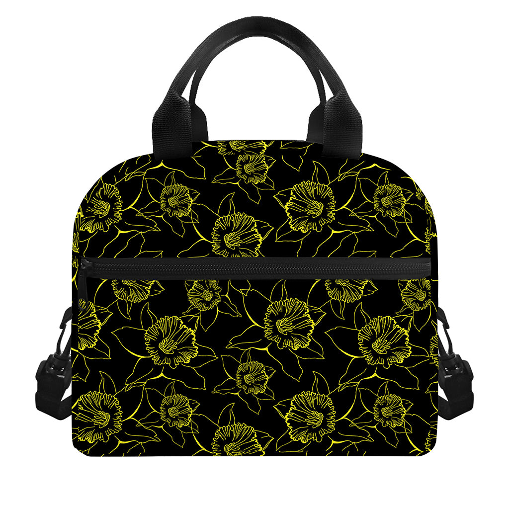 Black And Yellow Daffodil Pattern Print Insulated Lunch Bag