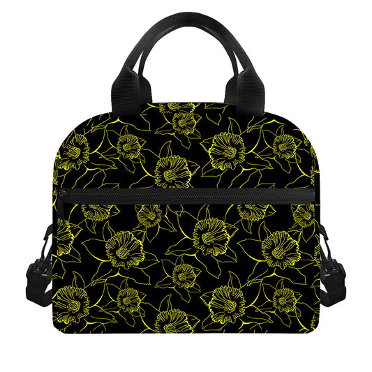 Black And Yellow Daffodil Pattern Print Insulated Lunch Bag