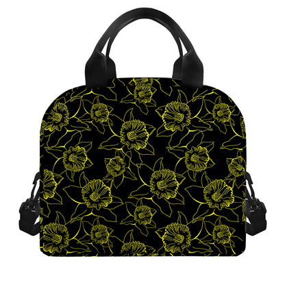 Black And Yellow Daffodil Pattern Print Insulated Lunch Bag