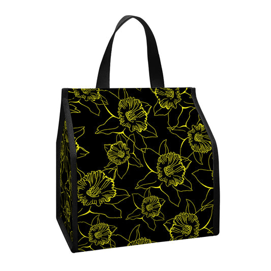Black And Yellow Daffodil Pattern Print Insulated Lunch Tote