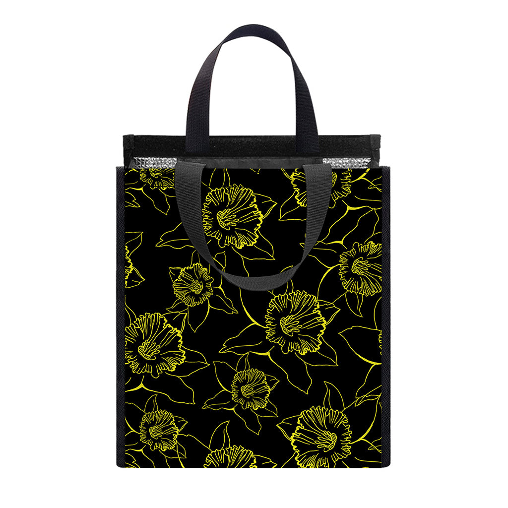 Black And Yellow Daffodil Pattern Print Insulated Lunch Tote