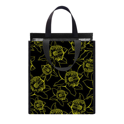 Black And Yellow Daffodil Pattern Print Insulated Lunch Tote