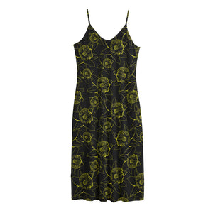 Black And Yellow Daffodil Pattern Print Jersey Midi Cami Dress