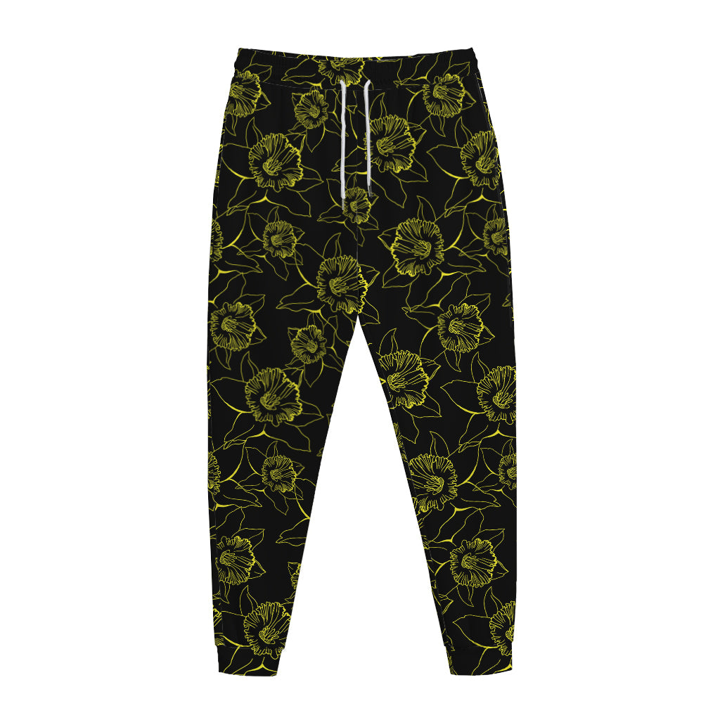 Black And Yellow Daffodil Pattern Print Jogger Pants